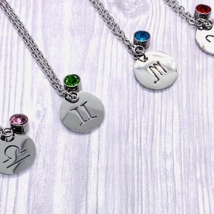 zodiac sign pendant necklace, birthstone, astrology, personalized gift