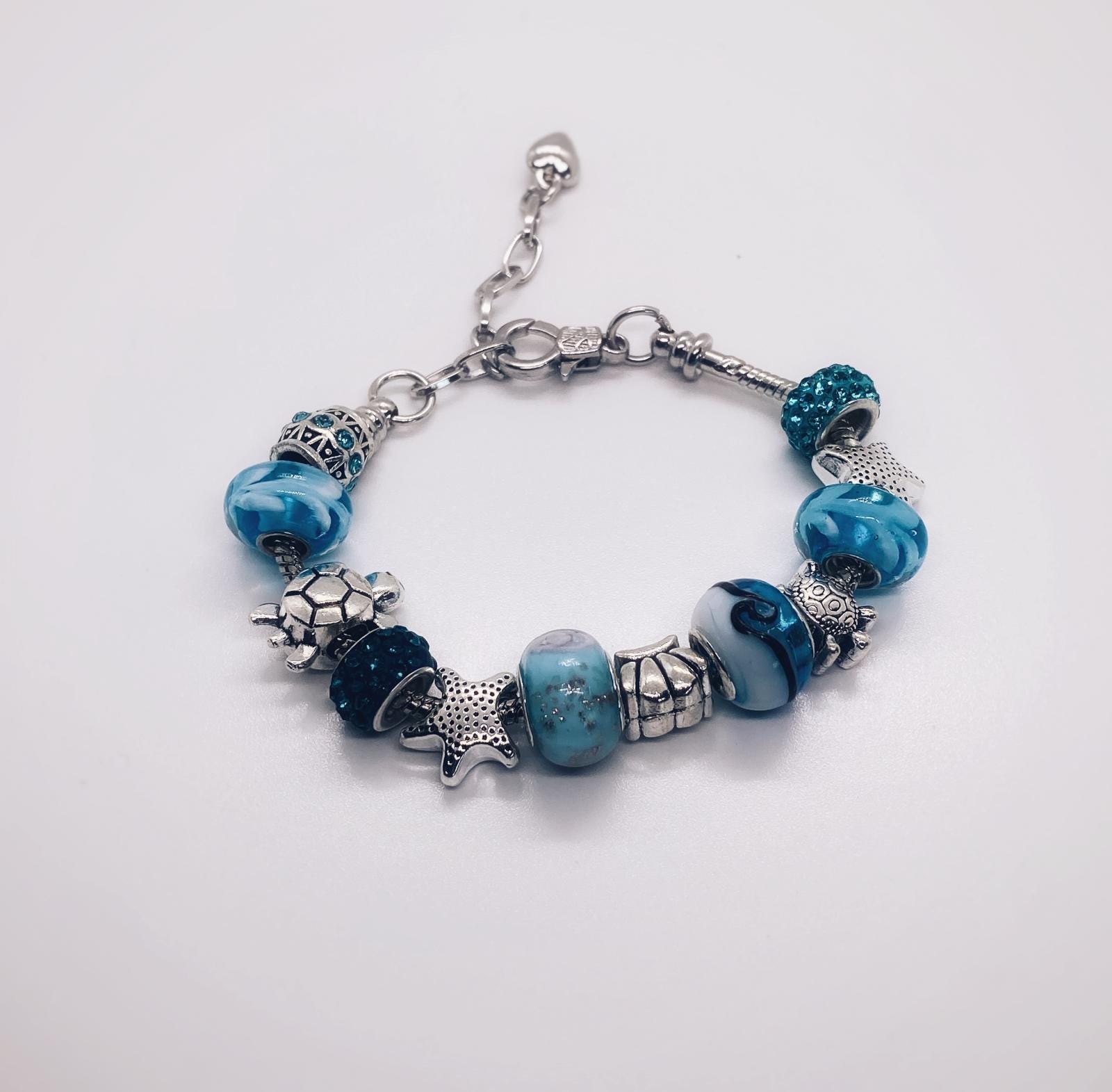pandora style women's bracelet, sea theme bracelet, ocean charm, turtle charm, starfish, wave, sea colors, for her