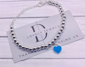 925 Silver Ball Bracelet, Heart Charm, Friendship Bracelet. Sterling Silver Bead Bracelet