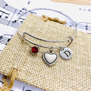 Rigid bracelet with heart, heart-shaped pendant, customizable bracelet, colored stones, initials, Christmas gift idea