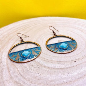 Turquoise bungelende oorbellen, vintage oorbellen, boho sieraden, vintage, turquoise stenen, koperpatina, voor haar
