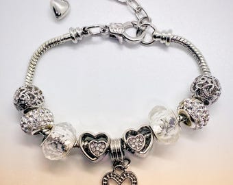 pandora style women&#39;s bracelet, bracelet for her, bracelet with heart charm, rhinestone hearts, sparkling bracelet, original gift