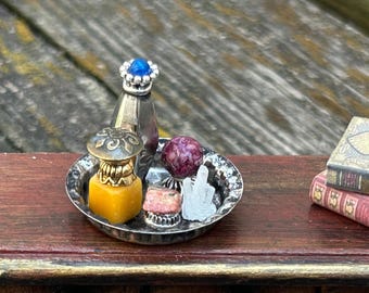 Miniature Halloween Dollhouse Tray: Potions, Crystal Ball & Gemstones
