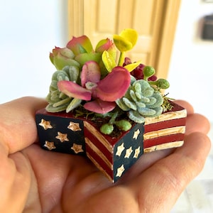 Miniature Stars & Stripes Succulent Arrangement: Dollhouse Patriotic Decor