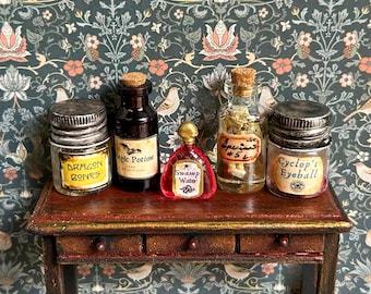 Miniature Halloween Apothecary Jars: Dollhouse Witch Potion Bottles