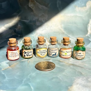 May include: Six miniature potion bottles with cork stoppers. Each bottle has a different colored liquid and a label with text such as "Love Potion" and "Felix Felicis Liquid Luck." A coin is next to the bottles.
