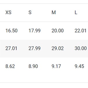 May include: A size chart showing measurements in inches for a garment in sizes XS, S, M, L, XL, and 2XL. The measurements include width, length, and sleeve length.