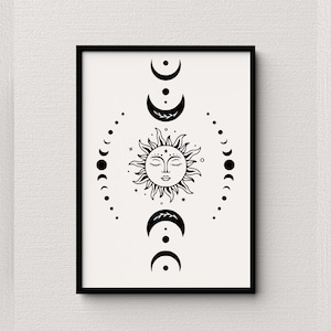 K&ouml;nnte beinhalten: Schwarz-wei&szlig;-Illustration einer Sonne mit einem Gesicht und umlaufenden Mondsichelphasen. Die Sonne befindet sich in der Mitte des Bildes und die Mondphasen sind in einem Kreis um sie herum angeordnet.