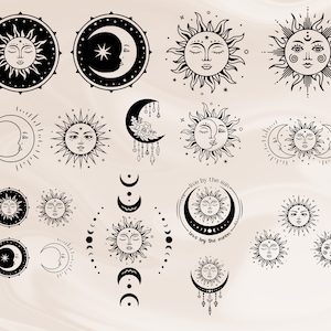 K&ouml;nnte beinhalten: Ein Set mit 16 Schwarzwei&szlig;-Illustrationen von Sonne und Mond. Die Illustrationen zeigen verschiedene Designs, darunter Sonnen mit Gesichtern, Monde mit Sichelformen und Kombinationen aus beidem. Der Text "live by the sun love by the moon" ist im Bild enthalten.