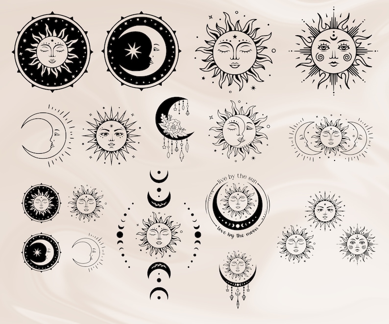 K&ouml;nnte beinhalten: Ein Set mit 16 Schwarzwei&szlig;-Illustrationen von Sonne und Mond. Die Illustrationen zeigen verschiedene Designs, darunter Sonnen mit Gesichtern, Monde mit Sichelformen und Kombinationen aus beidem. Der Text "live by the sun love by the moon" ist im Bild enthalten.