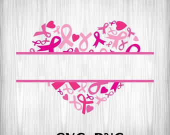 Pink Cancer Ribbon name frame split monogram svg, Awareness ribbon svg png, Cricut, Heart Cancer Ribbons, Pink Heart PNG, Awareness PNG