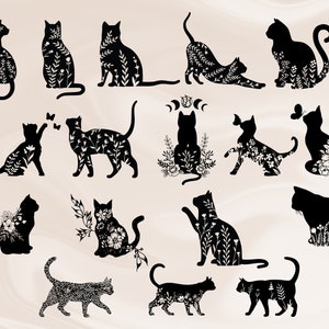 花猫 SVG png|シルエット カメオおよび Cricut.Floral Animal 用の猫 SVG ファイル |花猫のシルエット sVG PNG |花猫 svg バンドル