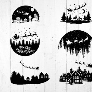 Christmas Night Svg PNG, sanie Świętego Mikołaja SVG, scena bałwana SVG, sylwetka renifera, gwiaździsty las SVG, sosny, sylwetka Świętego Mikołaja DXF PNG