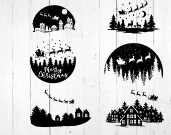Weihnachtsnacht SVG, Weihnachtsnacht SVG, Weihnachtsnacht SVG, Schneemann SVG Szene, Rentier Silhouette, Sternenwald SVG, Kiefernbäume, Weihnachtsmann Silhouette dxf png