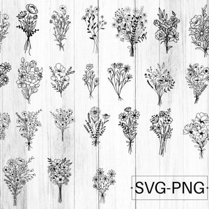 Blumenstrauß SVG-Png-Bundle | Blumen SVG PNG handgezeichnet | Blumensvg | Blumen SVG | minimalistischer Blumenstrauß SVG | botanisches SVG | Feldpflanzen