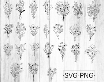 Blumenstrauß SVG-Png-Bundle | Blumen SVG PNG handgezeichnet | Blumensvg | Blumen SVG | minimalistischer Blumenstrauß SVG | botanisches SVG | Feldpflanzen
