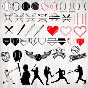 May include: A set of baseball-themed SVG cut files for crafting projects. The set includes various designs, such as baseballs, bats, gloves, hearts, and text elements like "Home" and "Baseball".