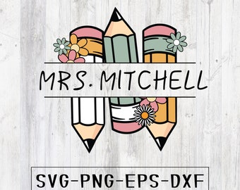Pencil Name Frame SVG, Teacher SVG, School, Digital Download, Cut File, Pencil Split Monogram Frame, Sublimation (includes svg/png/dxf/eps)