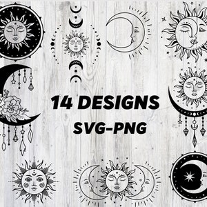 sun and moon svg png, boho svg, celestial svg designs with moon phase, mystical print for shirt, celestial svg png design with crescent moon