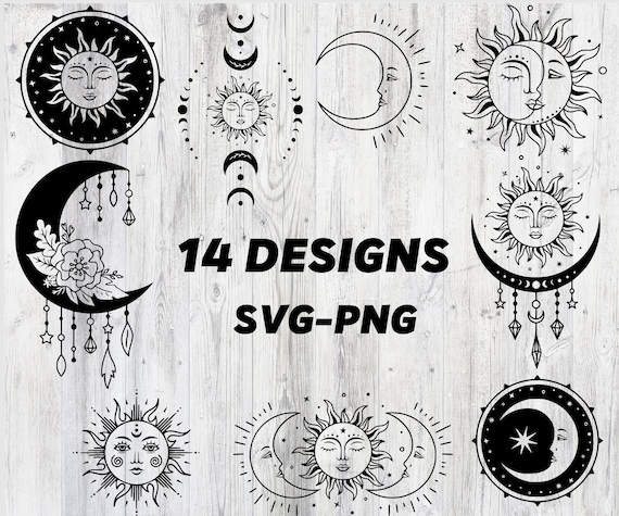 sun and moon svg png, boho svg, celestial svg designs with moon phase, mystical print for shirt, celestial svg png design with crescent moon
