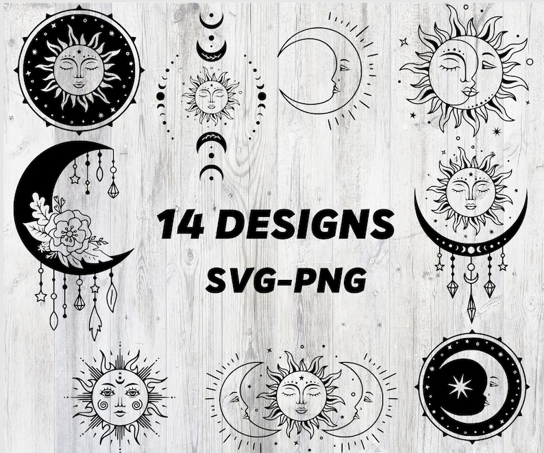 K&ouml;nnte beinhalten: Ein Set mit 14 schwarzen und wei&szlig;en digitalen Downloads im SVG- und PNG-Format mit Sonnen- und Mondmotiven. Die Designs beinhalten eine Sonne mit einem Gesicht, einen Mond mit einem Gesicht, eine Sonne und einen Mond zusammen und eine Sonne und einen Mond mit Blumen. Der Text "14 DESIGNS SVG-PNG" ist im Bild enthalten.