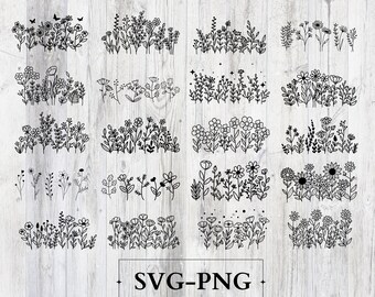 Flores silvestres svg, paquete de flores silvestres svg, marco floral svg, monograma dividido svg, ramo SVG, floral svg, naturaleza svg, bosquejo de flores svg