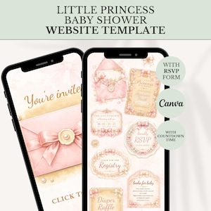 Könnte beinhalten: Eine digitale Babyparty-Website-Vorlage für Mobilgeräte in Rosa und Gold mit Illustrationen von Umschlägen, Schleifen und Perlen. Der Bildschirm zeigt Texte wie Little Princess, You're invited, RSVP, Registry und Diaper Raffle.