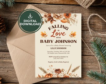 Invitación para baby shower estilo bohemio otoñal: diseño rústico de calabaza (descarga digital)