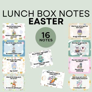 May include: A collection of 16 Easter lunch box notes with jokes and puns. The notes feature illustrations of bunnies, eggs, and Easter themes. Text includes puns like "Egg-hausted!" and "14-carrot gold!" for children's lunches.
