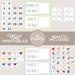 Imprimibles para la hora del círculo para preescolar y jardín de infantes / Formas, colores, números y letras para la educación en el hogar / Herramientas de aprendizaje semanales interesantes