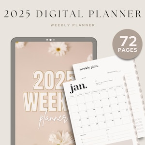 2025 Digitaler Wochenplaner | Minimalistischer Portrait-Planer für iPad | GoodNotes datierte Monats- und Jahresplaner mit verknüpften Tabs