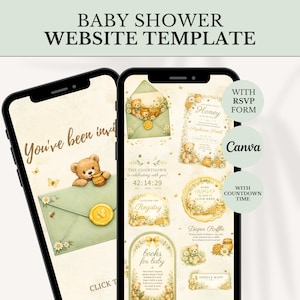 Puede incluir: Una plantilla de sitio web para baby shower mostrada en dos teléfonos inteligentes, con ilustraciones en acuarela de ositos de peluche, tarros de miel y sobres verdes. El diseño incluye texto como You've been invited, The Countdown, Registry y Diaper Raffle.