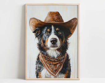 Cowboy Australian Shepherd Digital Art | Rustic Western Dog Portrait | Country Pet Decor Printable | Instant Download