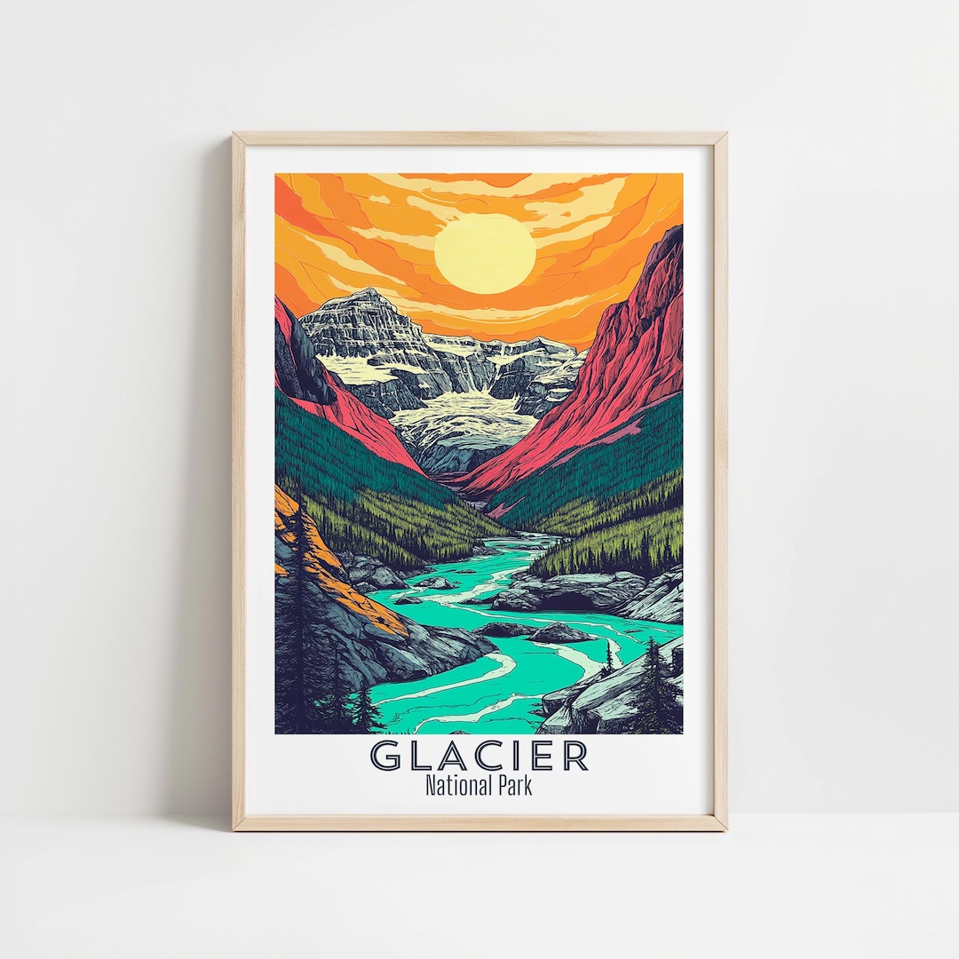 Glacier National Park Vintage Retro Travel Wall Art Poster, Montana ...
