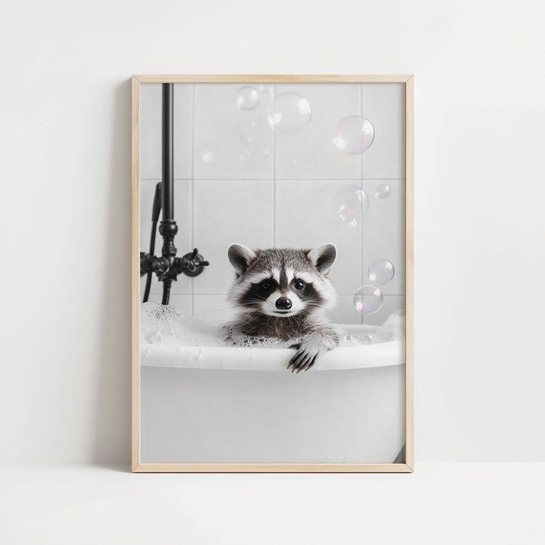 Set of 3 Funny Raccoon Bathroom Wall Art Prints, Black and White Cute