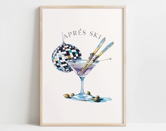 Aprés Ski Disco Martini Coquette Wall Art Print, Dirty Martini Olives, Apres Skiing, Retro Disco Bar Cart Art Poster, Winter Drinking Decor
