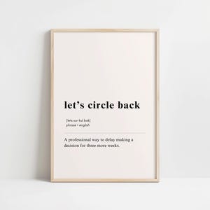 May include: Framed print with the text "let's circle back" in black font. Below the phrase is a definition, and a description of the phrase. The frame is a light wood color, and the background is a light cream color.