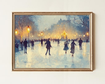 Vintage Ice Skating Wall Art | Winter City Printable Art | Holiday Home Decor | Romantic Snowy Digital Download