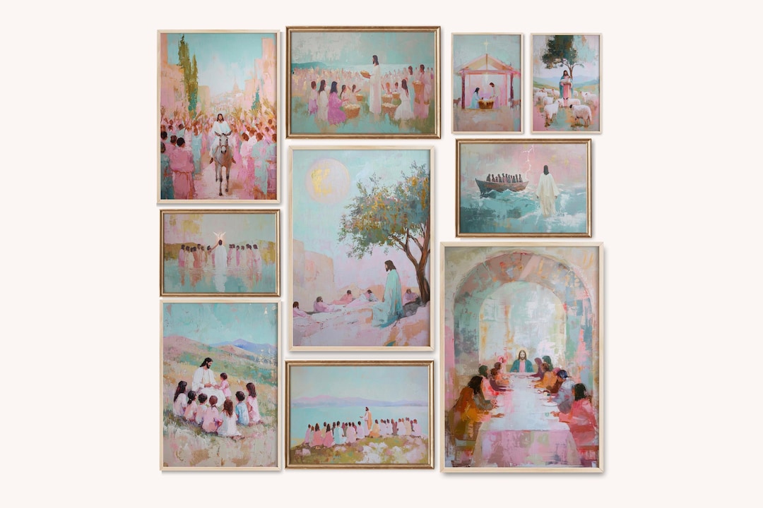 Christian Wall Art Set of 10, Jesus Bible Scene Gallery Wall, Neutral Religious Decor Bund
