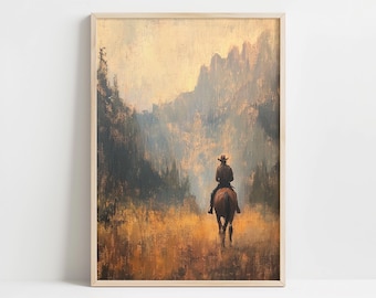 Vintage Cowboy on Horseback Digital Art | Rustic Western Horse Wall Decor | Sunset Mountain Poster | Digital Western Landscape Art