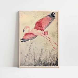 Japandi Minimalist Flamingo Painting, Flying Bird Painting, Japanese Style Birds Poster, Minimalist Wall Decor, Apartment Wall Decor