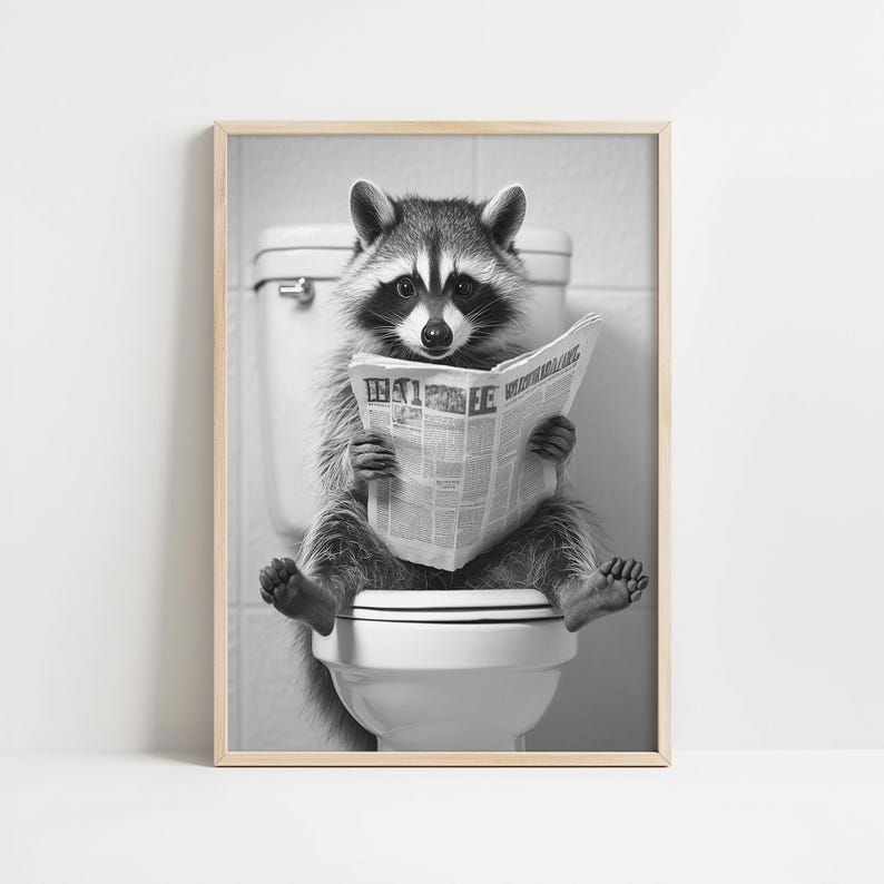 Set of 3 Funny Raccoon Bathroom Wall Art Prints, Black and White Cute
