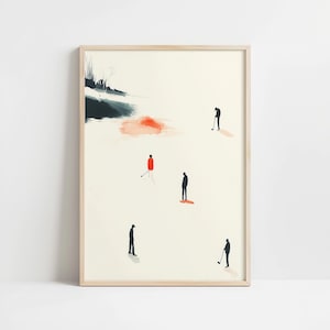 Puede incluir: Una pintura de acuarela de cinco figuras en un campo de golf. Las figuras están silueteados en negro y visten ropa de diferentes colores. El fondo es de color beige claro con un lavado de acuarela naranja claro.