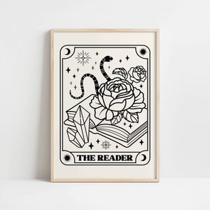 The Reader Fantasy Tarot Card Wall Art Print, Mythical Celestial Bookish Tarot Card, Crystals Witchy Tarot Card Wall Art Poster, Book Decor