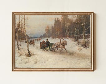 May include: An antique framed painting depicts a winter scene with a horse-drawn sleigh carrying two figures through a snowy landscape. The artwork features a gold-colored frame and a muted color palette, with trees and a cloudy sky in the background.
