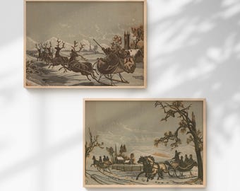 Vintage Christmas Reindeer Gallery Wall Art Set of 2 | Antique Winter Printable Decor | Rustic Santa Art | Horse Carriage Digital Download