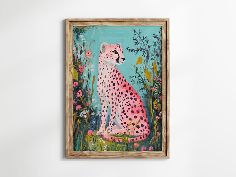 Pink Cheetah Colorful Wall Art Print, Floral Landscape Wall Art, Animal ...