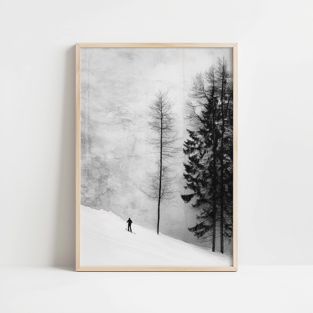 Minimalist Ski Wall Art | Black and White Winter Scene | Snowy Mountain ...