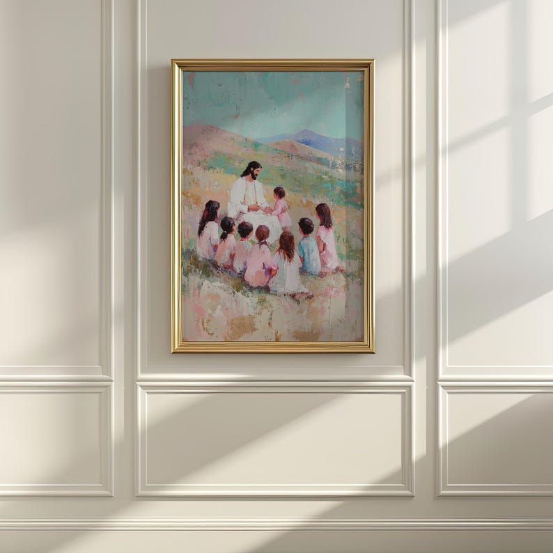 May include: A framed painting depicts a religious scene with a figure in white robes surrounded by children. The artwork features soft colors, with a gold frame. The background shows a landscape with hills and a light blue sky.
