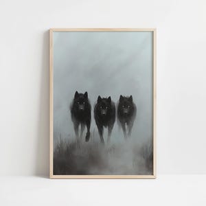 Majestätisch schwarze Wölfe Digital Art Print | Stimmungsvoller dunkler Wald Wanddekor | Poster zu Weihnachten Sofortiger Download Tierbild